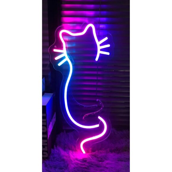 NEW! Pink and Purple Cat Neon Sign LED Wall Decor Lamp Girls Battery Operated - Picture 1 of 3